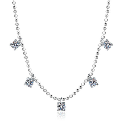Five-Stone Station Moissanite Necklace in Platinum-Plated S925 Sterling Silver on clean white background showing the five-stone station necklace on a beaded chain