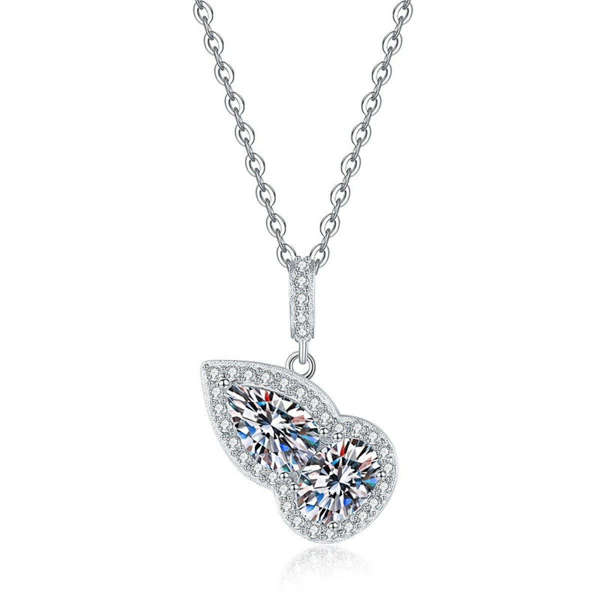 Two-Stone Pear Moissanite Pendant Necklace with Cubic Zirconia in Platinum-Plated S925 Sterling Silver on clean white background showing the two-stone pear-shaped pendant with a pave bail