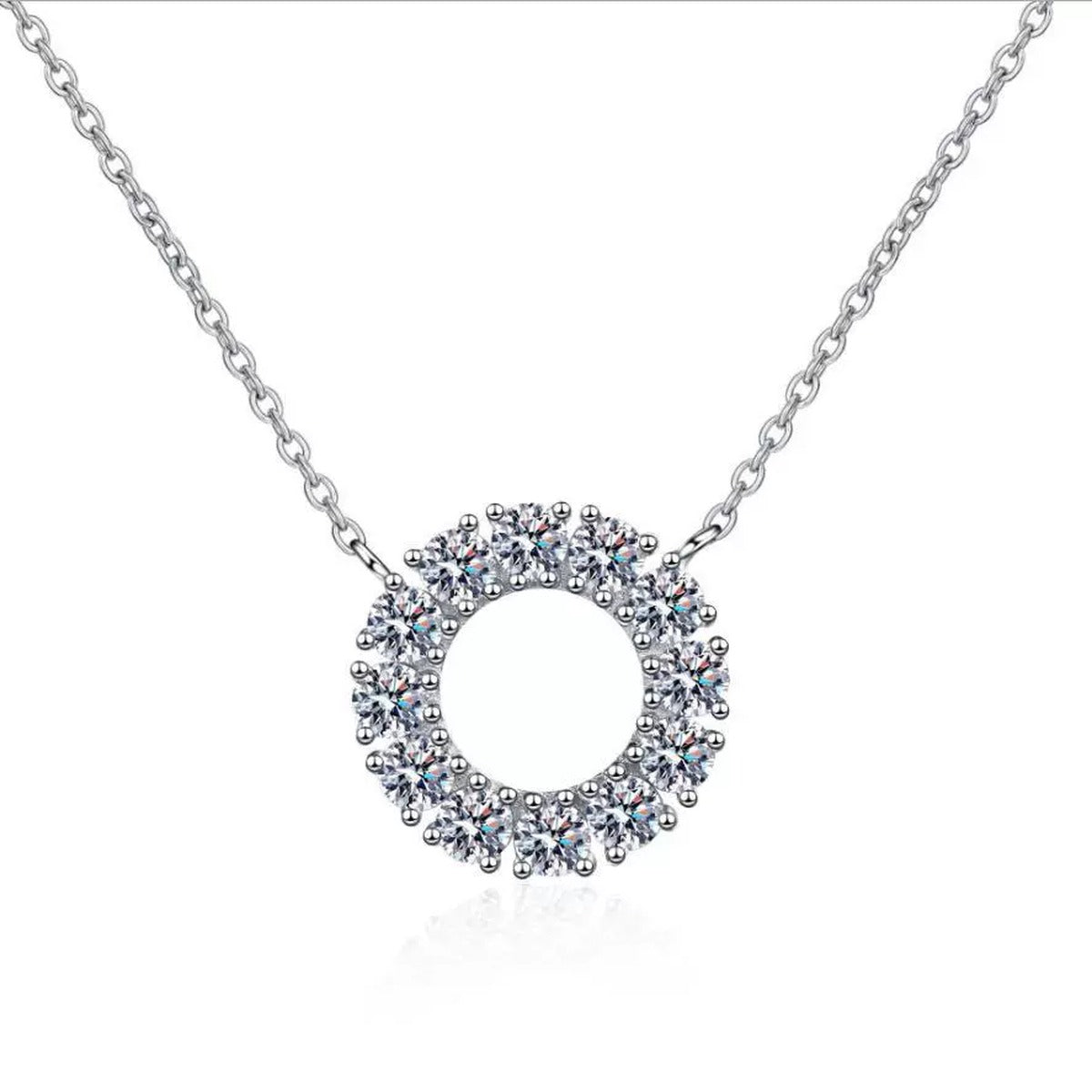 Circle Moissanite Pendant Necklace in Platinum-Plated S925 Sterling Silver on clean white background showing the open circle pendant set with petite moissanite stones
