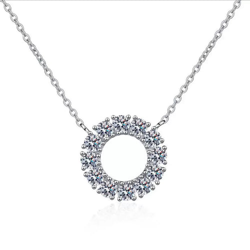 Circle Moissanite Pendant Necklace in Platinum-Plated S925 Sterling Silver on clean white background showing the open circle pendant set with petite moissanite stones