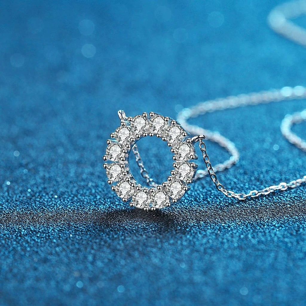 Circle Moissanite Pendant Necklace in Platinum-Plated S925 Sterling Silver blue background product view