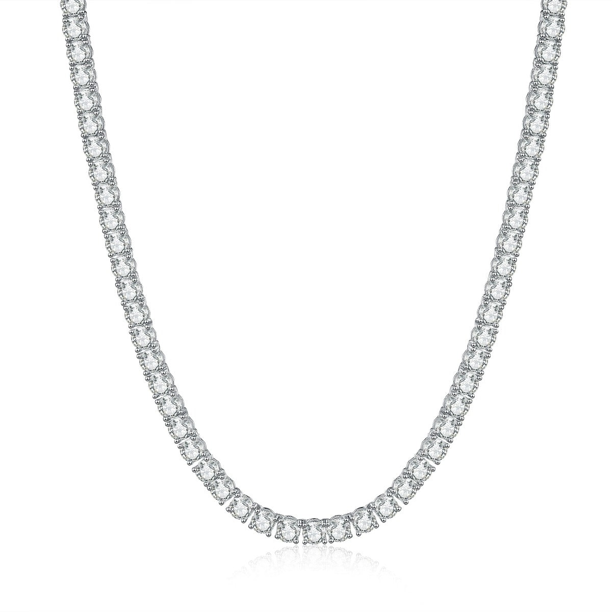 Moissanite Tennis Necklace in Platinum-Plated S925 Sterling Silver on clean white background showing the continuous moissanite tennis necklace