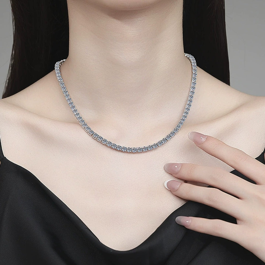 Moissanite Tennis Necklace in Platinum-Plated S925 Sterling Silver worn on neckline by model
