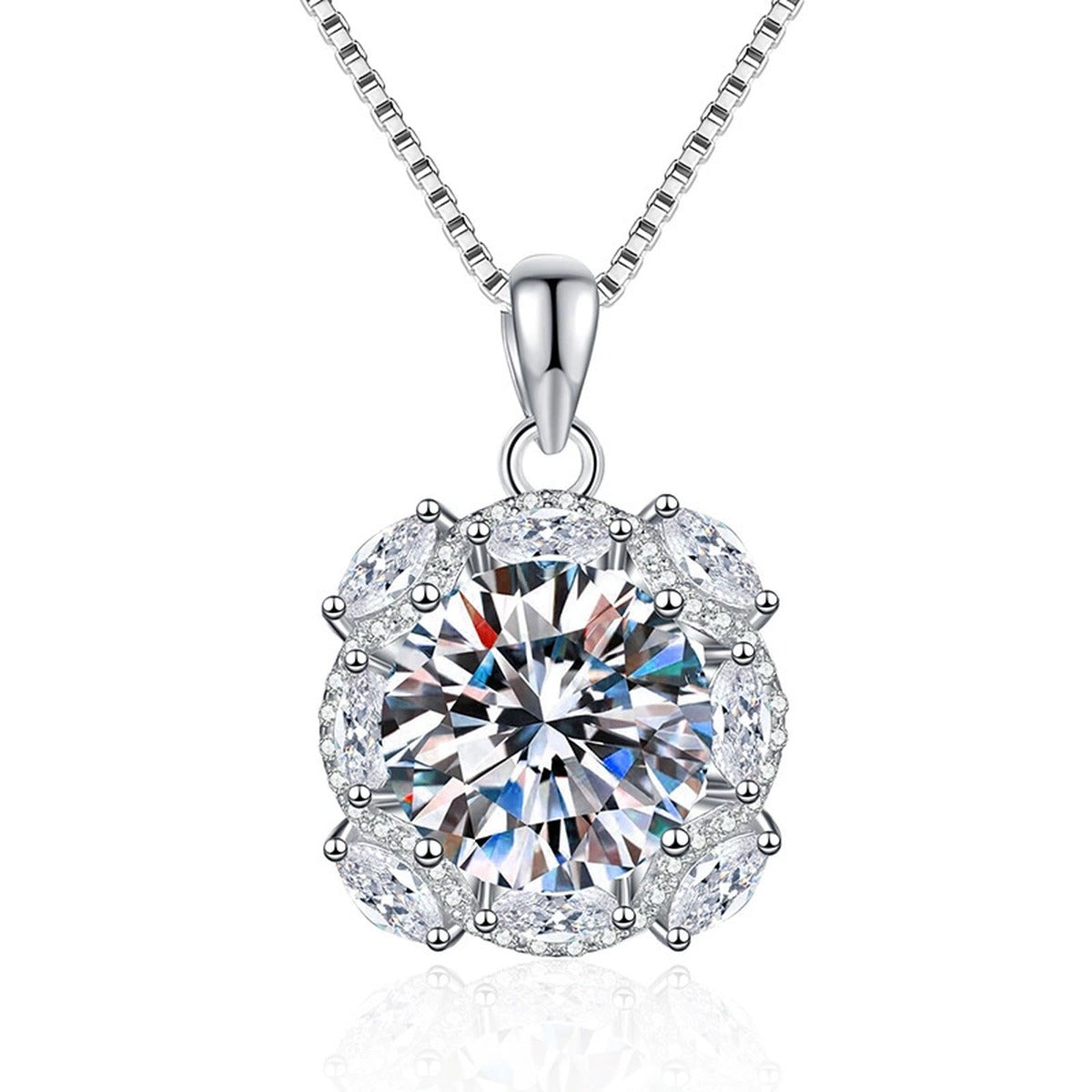 Large Moissanite Halo Pendant Necklace with Cubic Zirconia in Platinum-Plated S925 Sterling Silver on clean white background showing the large round halo pendant with colored cubic zirconia accents