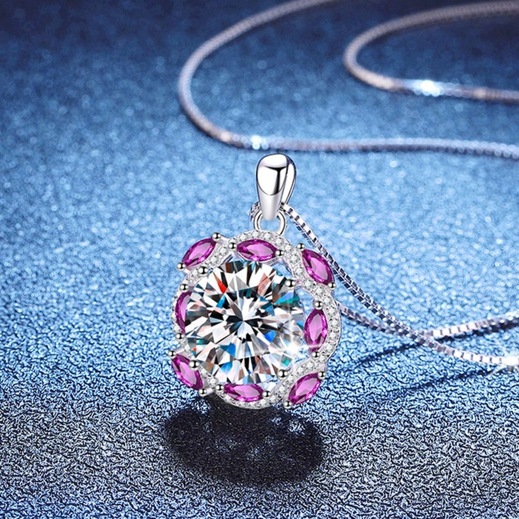 Large Moissanite Halo Pendant Necklace with Cubic Zirconia in Platinum-Plated S925 Sterling Silver blue background product view