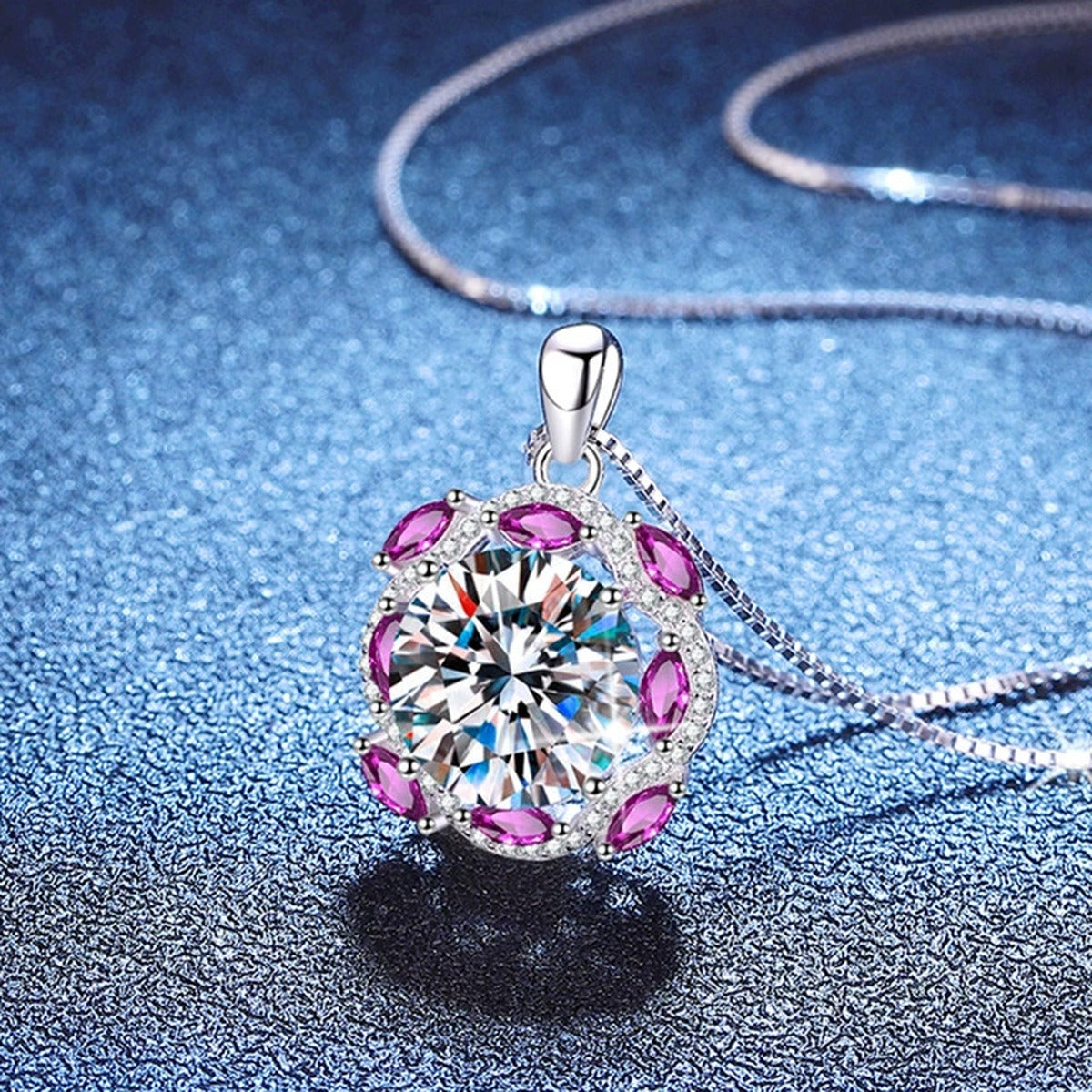 Large Moissanite Halo Pendant Necklace with Cubic Zirconia in Platinum-Plated S925 Sterling Silver blue background product view