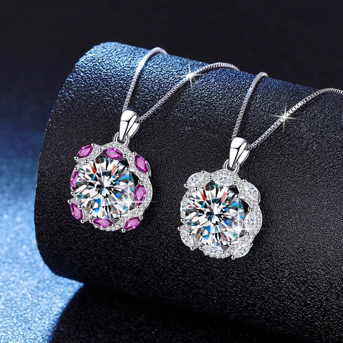 Large Moissanite Halo Pendant Necklace with Cubic Zirconia in Platinum-Plated S925 Sterling Silver dark background product display view