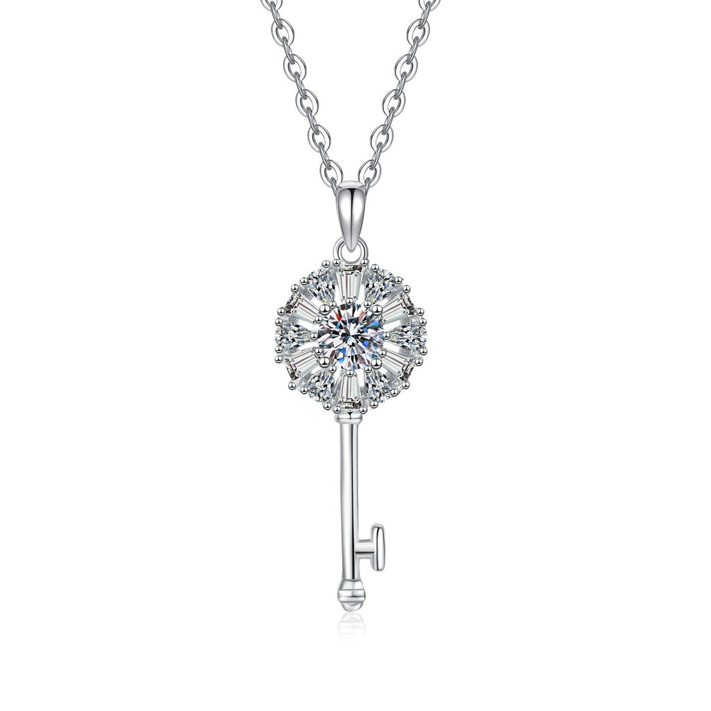 Key Moissanite Pendant Necklace with Cubic Zirconia in Platinum-Plated S925 Sterling Silver on clean white background showing the key pendant with a round moissanite center