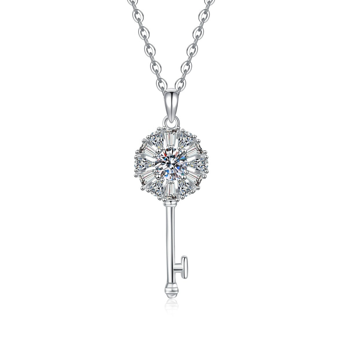 Key Moissanite Pendant Necklace with Cubic Zirconia in Platinum-Plated S925 Sterling Silver on clean white background showing the key pendant with a round moissanite center