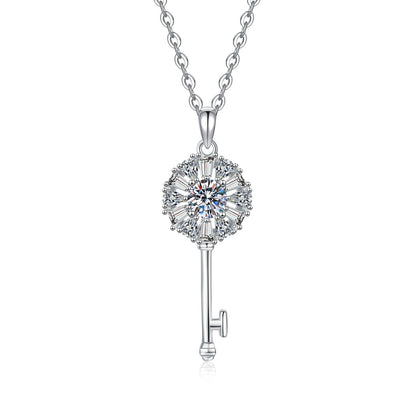 Key Moissanite Pendant Necklace with Cubic Zirconia in Platinum-Plated S925 Sterling Silver on clean white background showing the key pendant with a round moissanite center