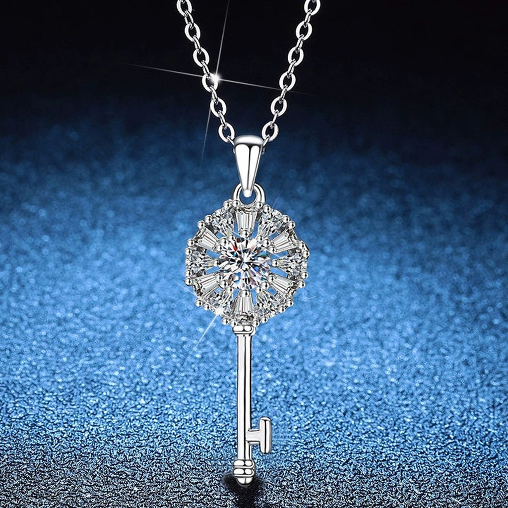 Key Moissanite Pendant Necklace with Cubic Zirconia in Platinum-Plated S925 Sterling Silver blue background product view