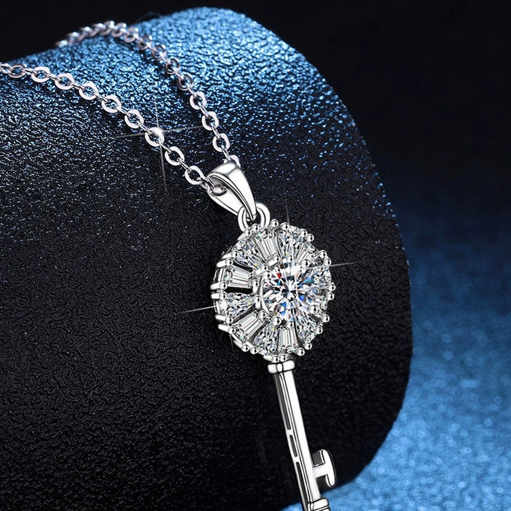 Key Moissanite Pendant Necklace with Cubic Zirconia in Platinum-Plated S925 Sterling Silver dark background product display view