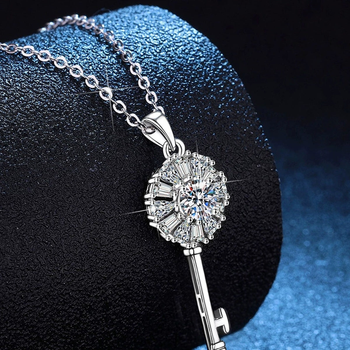 Key Moissanite Pendant Necklace with Cubic Zirconia in Platinum-Plated S925 Sterling Silver dark background product display view