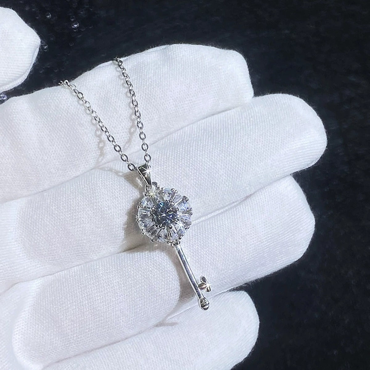 Key Moissanite Pendant Necklace with Cubic Zirconia in Platinum-Plated S925 Sterling Silver dark background product display view