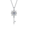Ornate Key Moissanite Pendant Necklace with Cubic Zirconia in Platinum-Plated S925 Sterling Silver on clean white background showing the ornate key pendant with clover-inspired detail