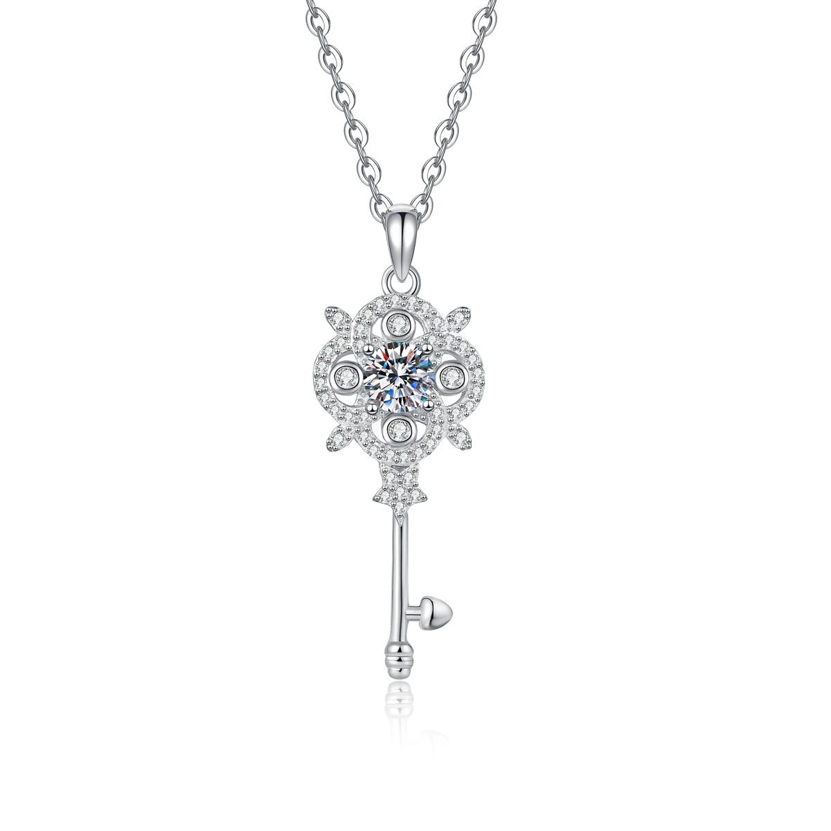 Ornate Key Moissanite Pendant Necklace with Cubic Zirconia in Platinum-Plated S925 Sterling Silver on clean white background showing the ornate key pendant with clover-inspired detail