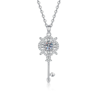 Ornate Key Moissanite Pendant Necklace with Cubic Zirconia in Platinum-Plated S925 Sterling Silver on clean white background showing the ornate key pendant with clover-inspired detail