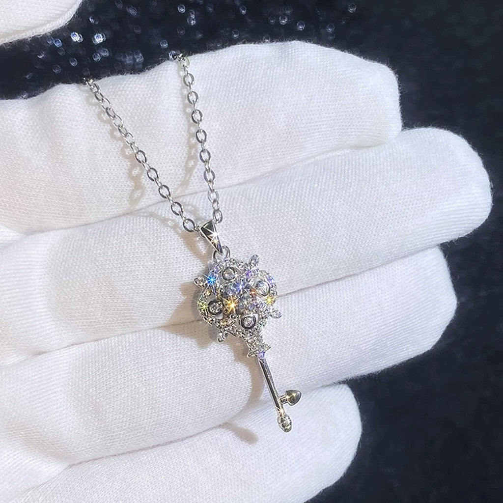 Ornate Key Moissanite Pendant Necklace with Cubic Zirconia in Platinum-Plated S925 Sterling Silver close-up product detail view