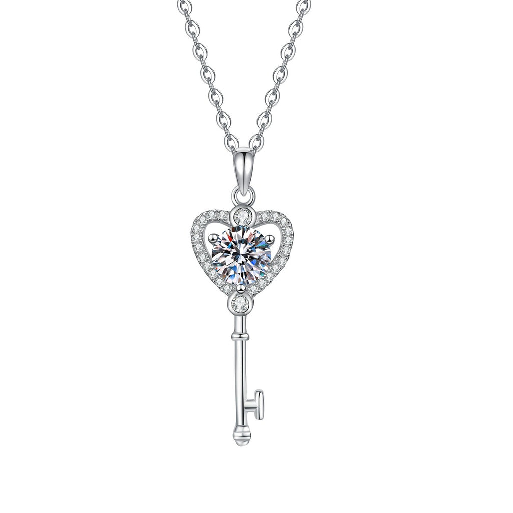 Heart Key Moissanite Pendant Necklace with Cubic Zirconia in Platinum-Plated S925 Sterling Silver on clean white background showing the heart key pendant with a round moissanite center
