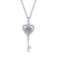 Heart Key Moissanite Pendant Necklace with Cubic Zirconia in Platinum-Plated S925 Sterling Silver on clean white background showing the heart key pendant with a round moissanite center