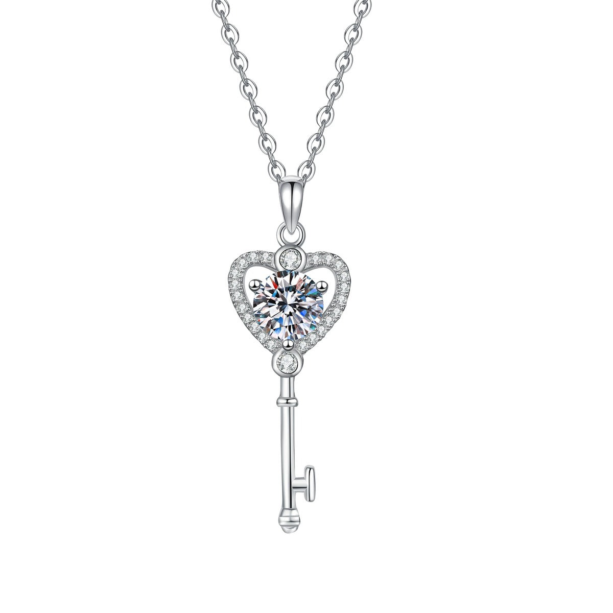 Heart Key Moissanite Pendant Necklace with Cubic Zirconia in Platinum-Plated S925 Sterling Silver on clean white background showing the heart key pendant with a round moissanite center