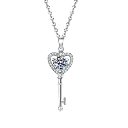 Heart Key Moissanite Pendant Necklace with Cubic Zirconia in Platinum-Plated S925 Sterling Silver on clean white background showing the heart key pendant with a round moissanite center