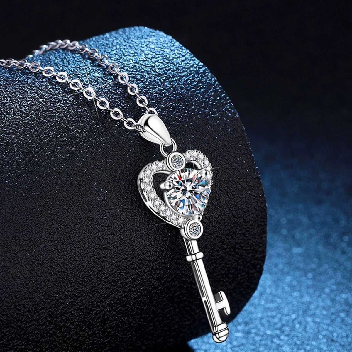 Heart Key Moissanite Pendant Necklace with Cubic Zirconia in Platinum-Plated S925 Sterling Silver dark background product display view