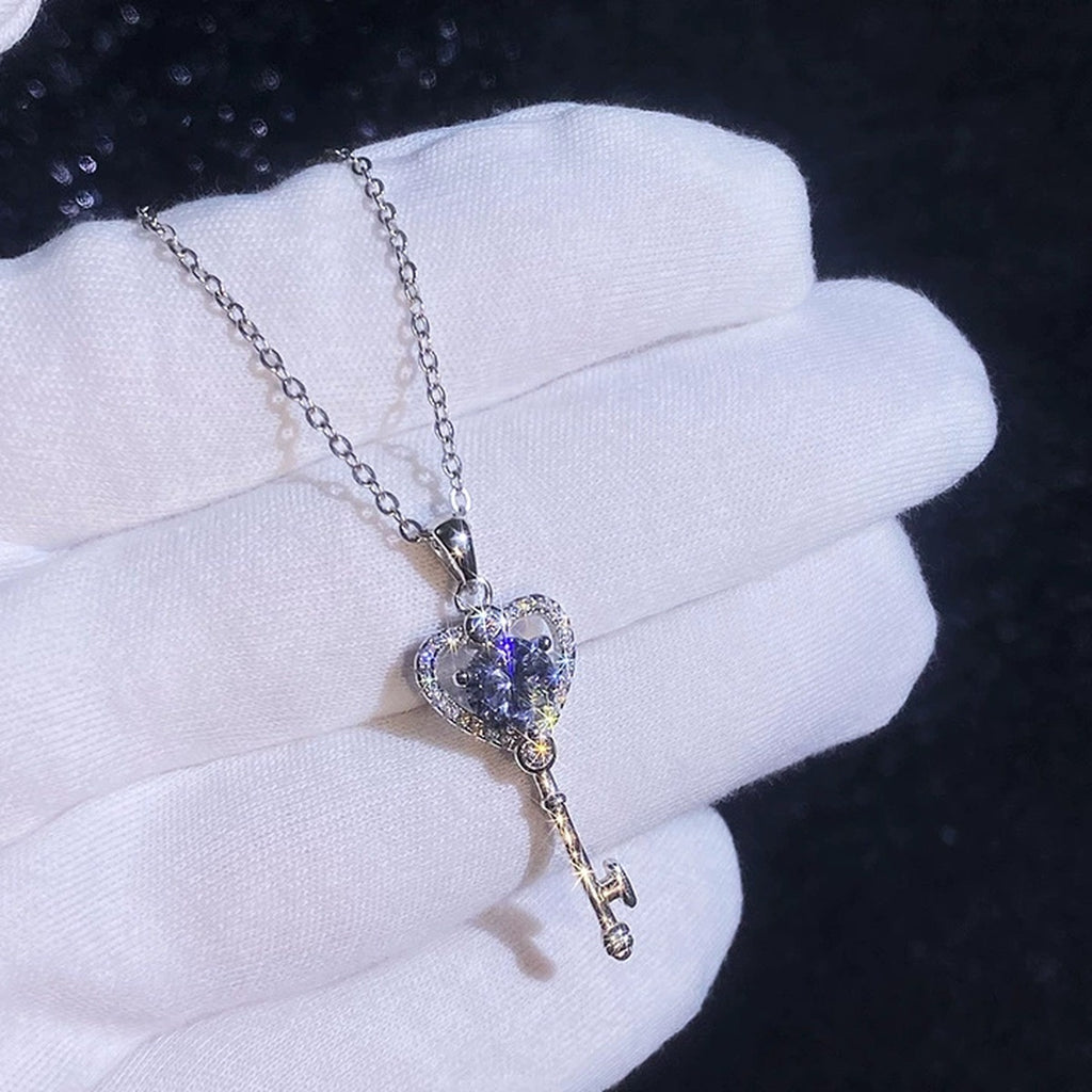 Heart Key Moissanite Pendant Necklace with Cubic Zirconia in Platinum-Plated S925 Sterling Silver dark background product display view