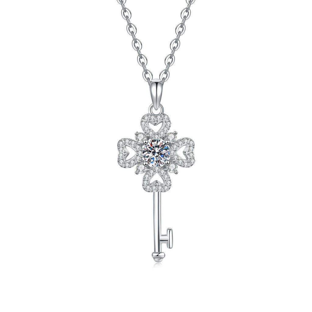 Floral Key Moissanite Pendant Necklace with Cubic Zirconia in Platinum-Plated S925 Sterling Silver on clean white background showing the floral key pendant with a round moissanite center
