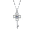 Floral Key Moissanite Pendant Necklace with Cubic Zirconia in Platinum-Plated S925 Sterling Silver on clean white background showing the floral key pendant with a round moissanite center