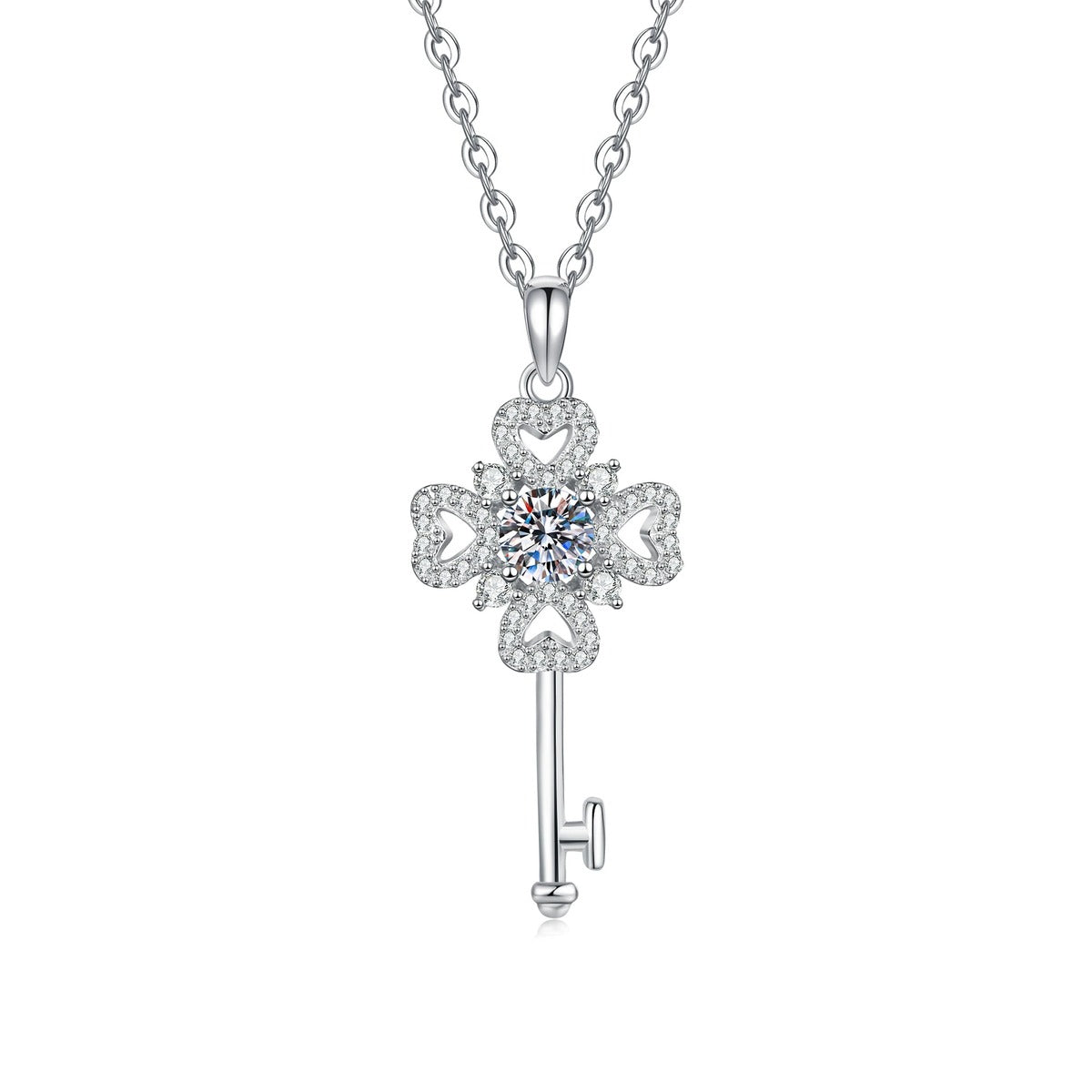 Floral Key Moissanite Pendant Necklace with Cubic Zirconia in Platinum-Plated S925 Sterling Silver on clean white background showing the floral key pendant with a round moissanite center