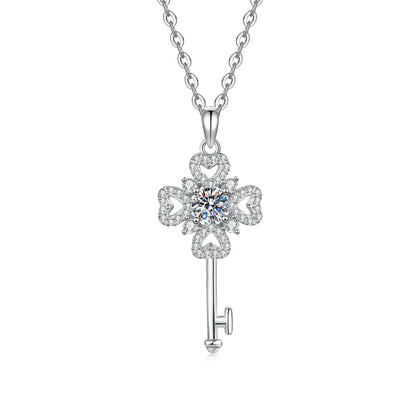 Floral Key Moissanite Pendant Necklace with Cubic Zirconia in Platinum-Plated S925 Sterling Silver on clean white background showing the floral key pendant with a round moissanite center
