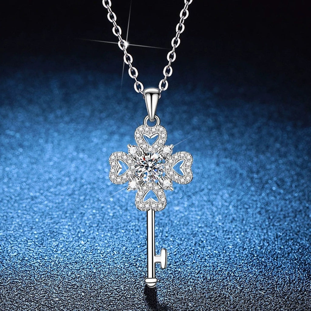 Floral Key Moissanite Pendant Necklace with Cubic Zirconia in Platinum-Plated S925 Sterling Silver blue background product view