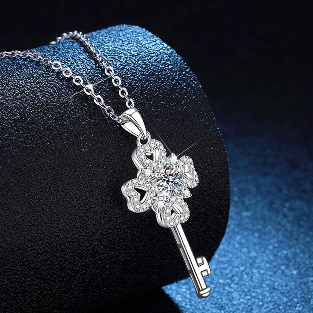 Floral Key Moissanite Pendant Necklace with Cubic Zirconia in Platinum-Plated S925 Sterling Silver dark background product display view