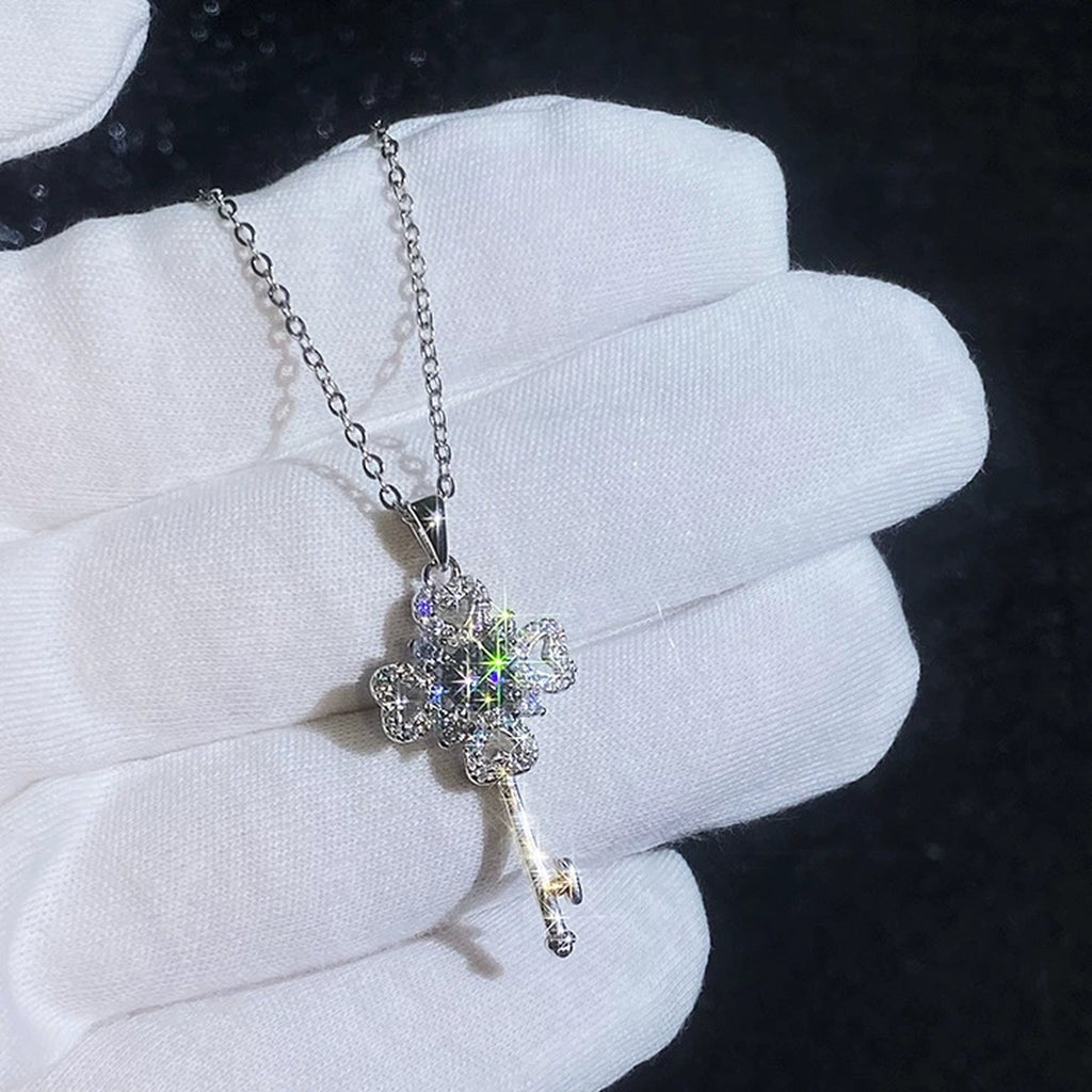Floral Key Moissanite Pendant Necklace with Cubic Zirconia in Platinum-Plated S925 Sterling Silver dark background product display view