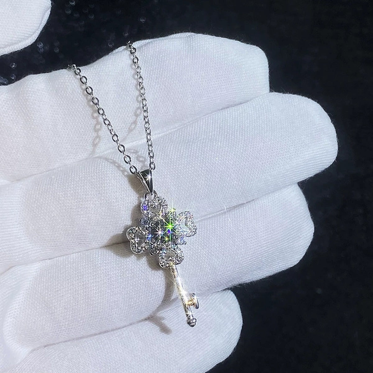 Floral Key Moissanite Pendant Necklace with Cubic Zirconia in Platinum-Plated S925 Sterling Silver dark background product display view