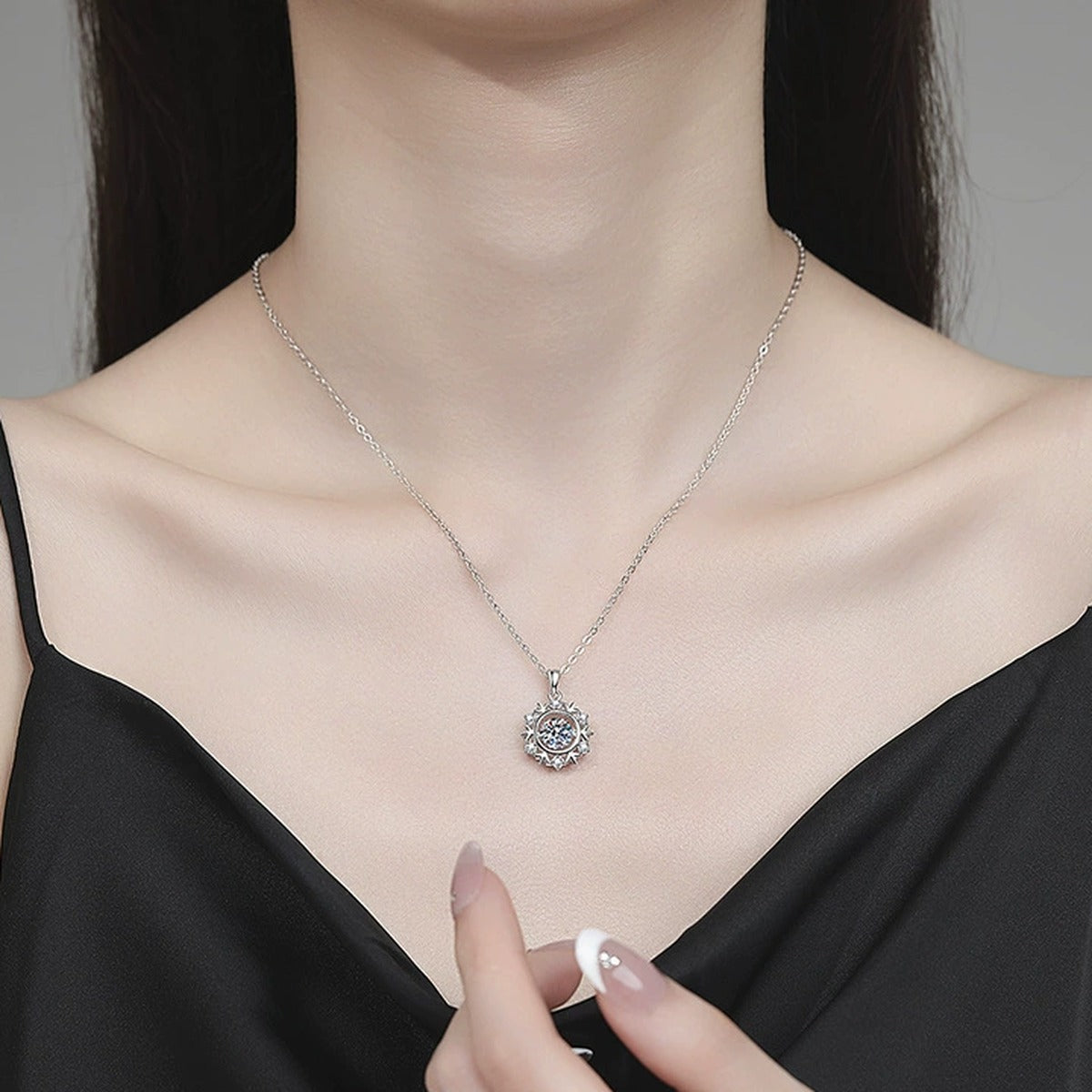 Compass Halo Moissanite Pendant Necklace with Cubic Zirconia in Platinum-Plated S925 Sterling Silver worn on neckline by model