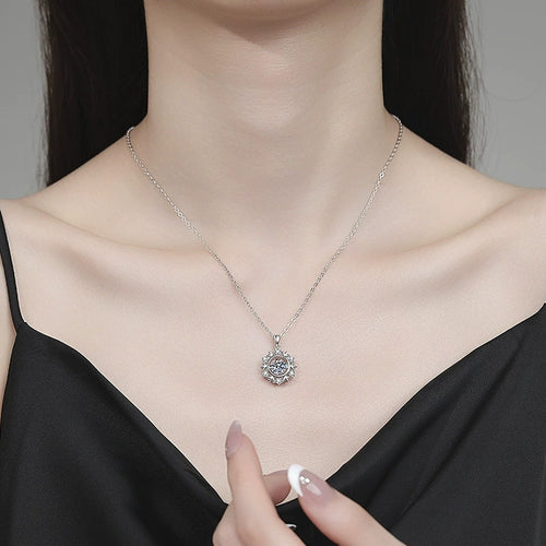 Compass Halo Moissanite Pendant Necklace with Cubic Zirconia in Platinum-Plated S925 Sterling Silver worn on neckline by model
