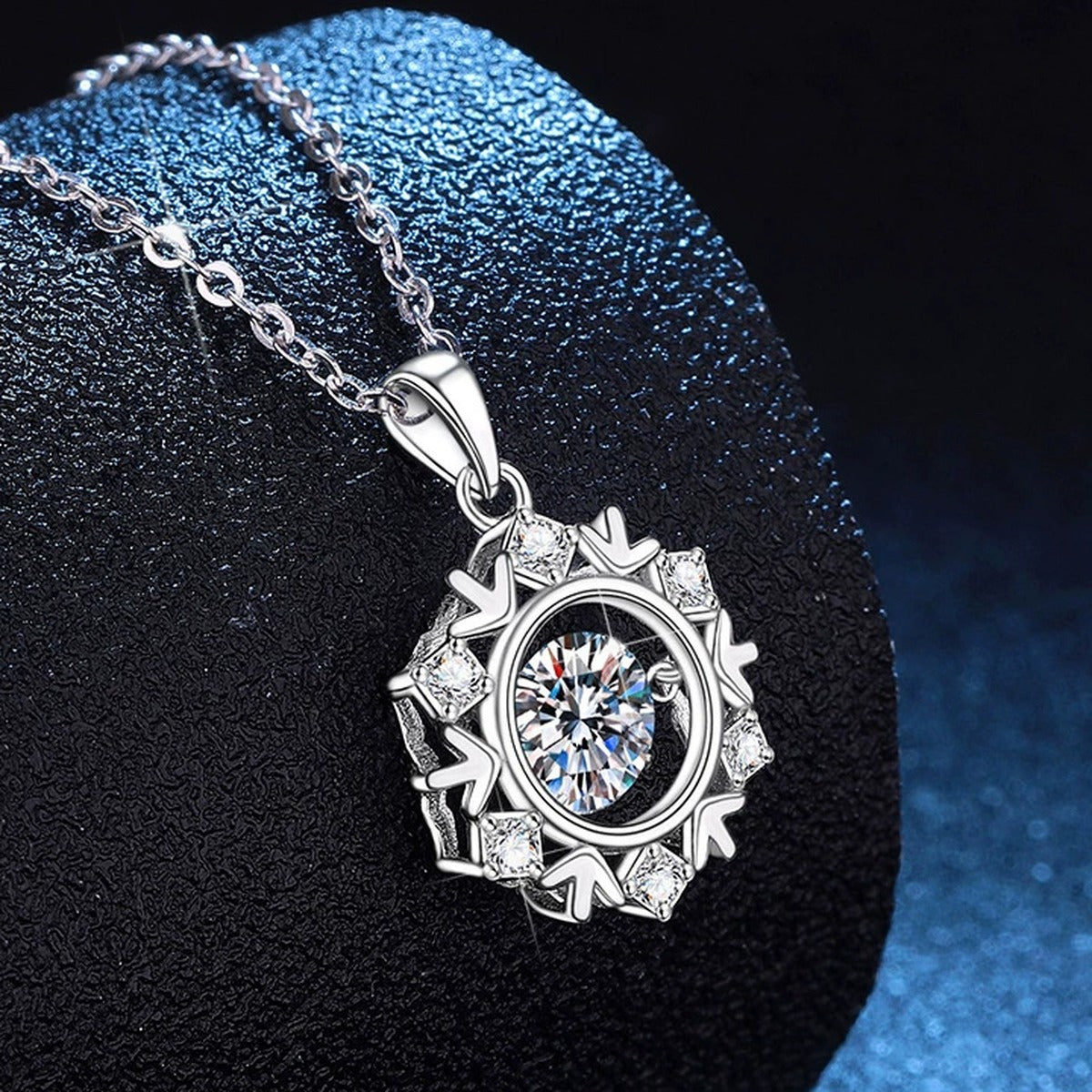 Compass Halo Moissanite Pendant Necklace with Cubic Zirconia in Platinum-Plated S925 Sterling Silver dark background product display view