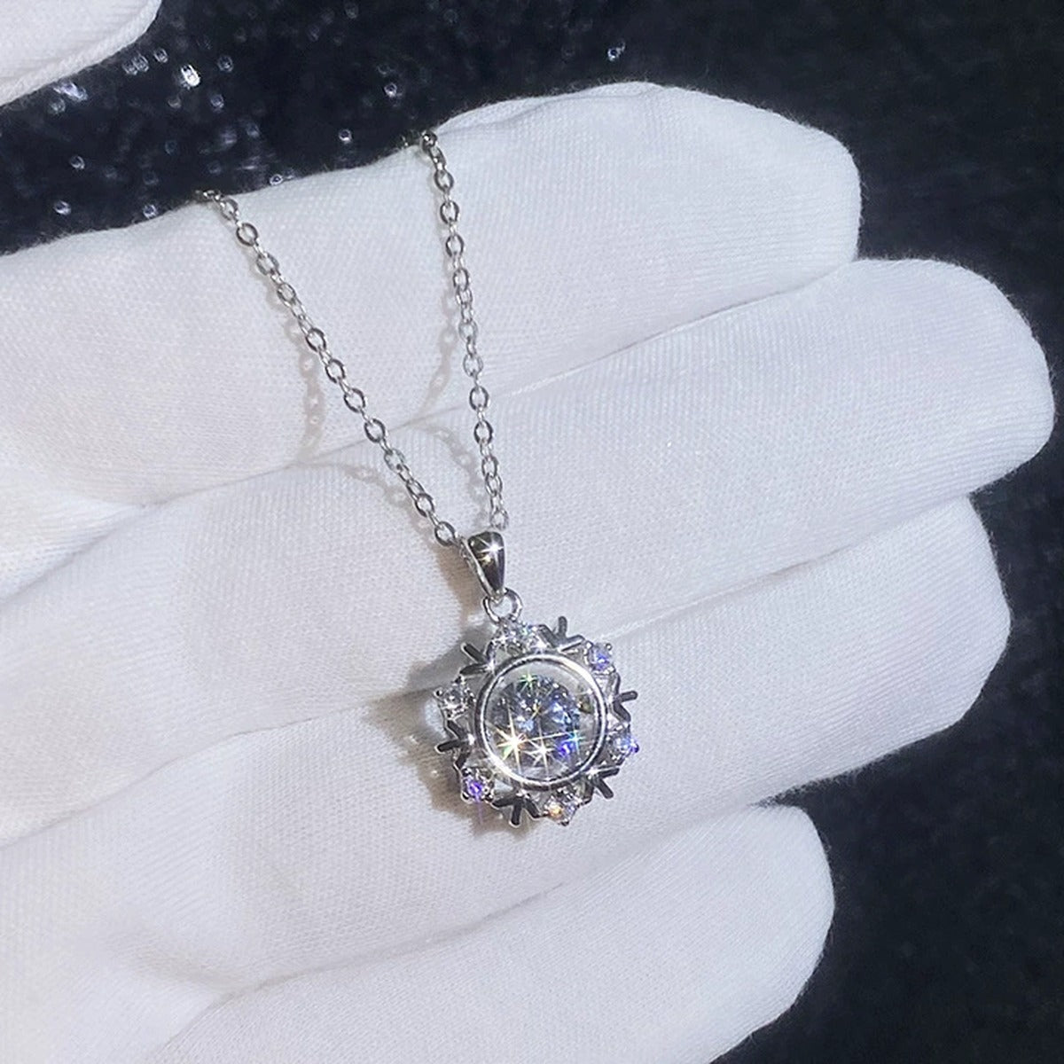 Compass Halo Moissanite Pendant Necklace with Cubic Zirconia in Platinum-Plated S925 Sterling Silver close-up product detail view