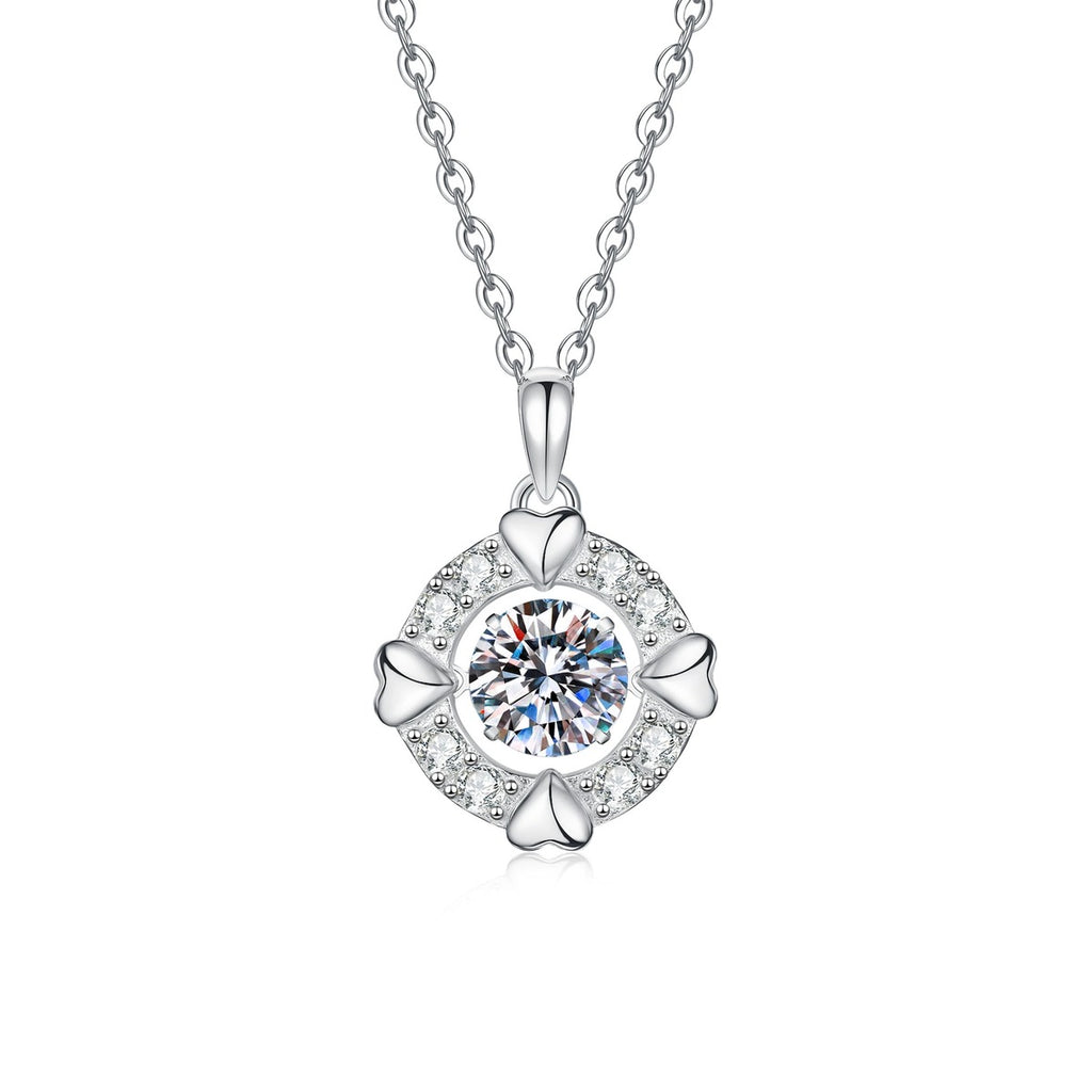 Bow Halo Moissanite Pendant Necklace with Cubic Zirconia in Platinum-Plated S925 Sterling Silver on clean white background showing the round halo pendant with bow accents