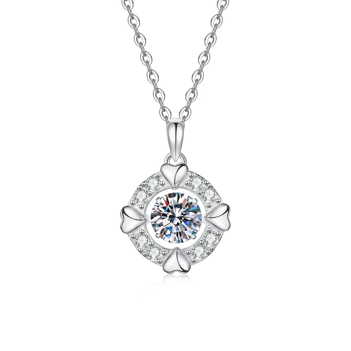 Bow Halo Moissanite Pendant Necklace with Cubic Zirconia in Platinum-Plated S925 Sterling Silver on clean white background showing the round halo pendant with bow accents