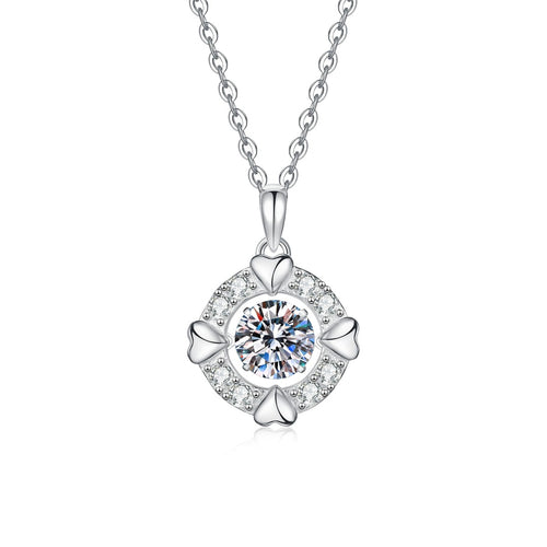 Bow Halo Moissanite Pendant Necklace with Cubic Zirconia in Platinum-Plated S925 Sterling Silver on clean white background showing the round halo pendant with bow accents