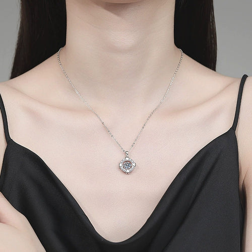 Bow Halo Moissanite Pendant Necklace with Cubic Zirconia in Platinum-Plated S925 Sterling Silver worn on neckline by model