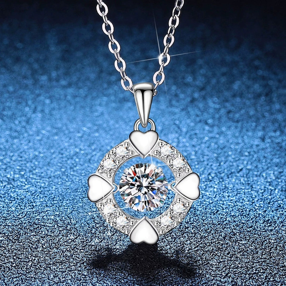 Bow Halo Moissanite Pendant Necklace with Cubic Zirconia in Platinum-Plated S925 Sterling Silver blue background product view