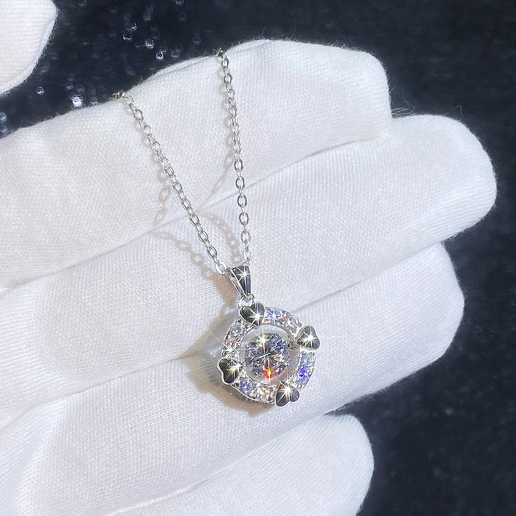 Bow Halo Moissanite Pendant Necklace with Cubic Zirconia in Platinum-Plated S925 Sterling Silver close-up product detail view