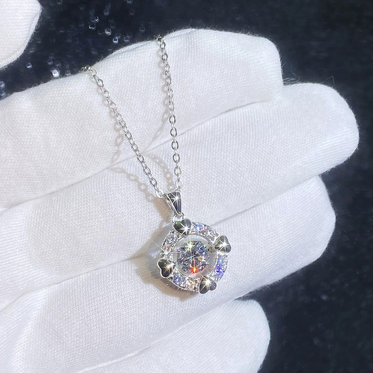 Bow Halo Moissanite Pendant Necklace with Cubic Zirconia in Platinum-Plated S925 Sterling Silver close-up product detail view