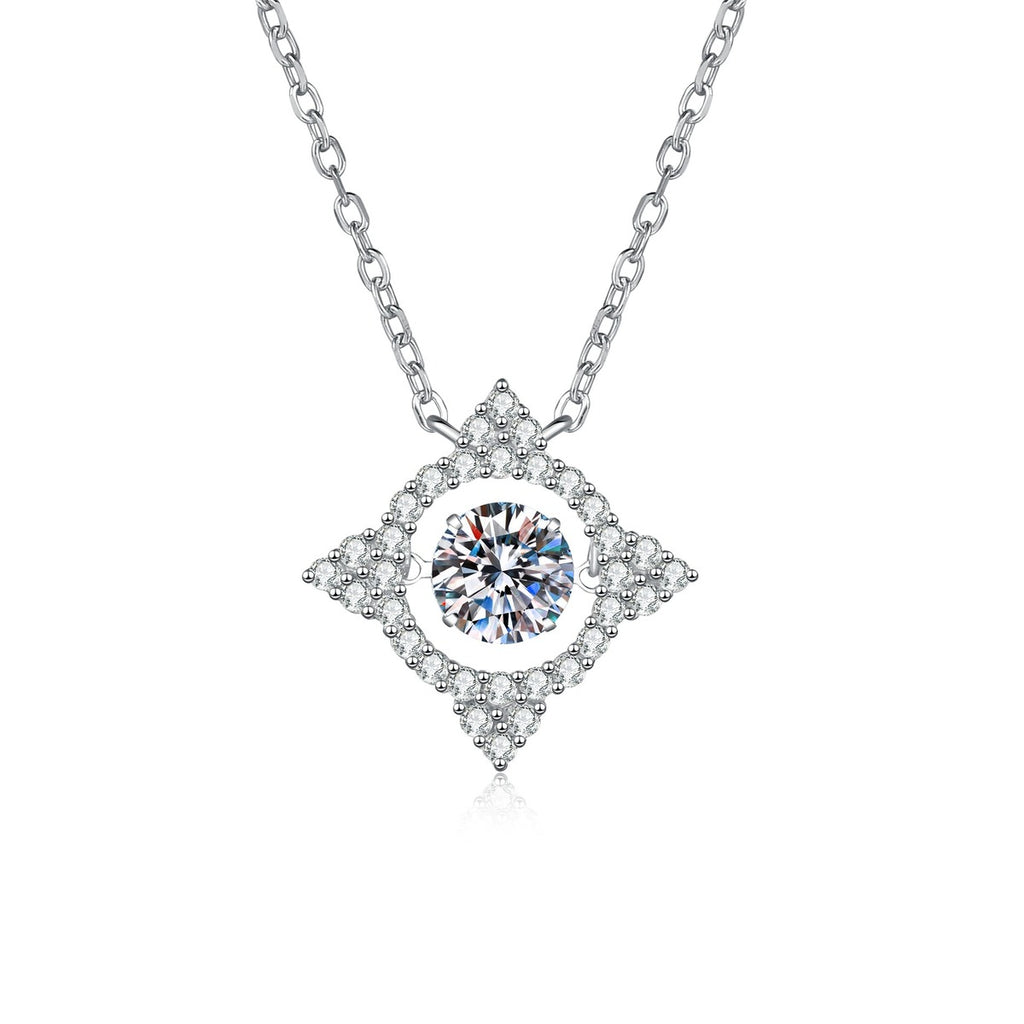 Kite Halo Moissanite Pendant Necklace with Cubic Zirconia in Platinum-Plated S925 Sterling Silver on clean white background showing the kite-shaped halo pendant with a round center stone