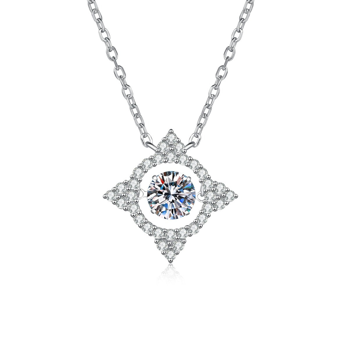Kite Halo Moissanite Pendant Necklace with Cubic Zirconia in Platinum-Plated S925 Sterling Silver on clean white background showing the kite-shaped halo pendant with a round center stone