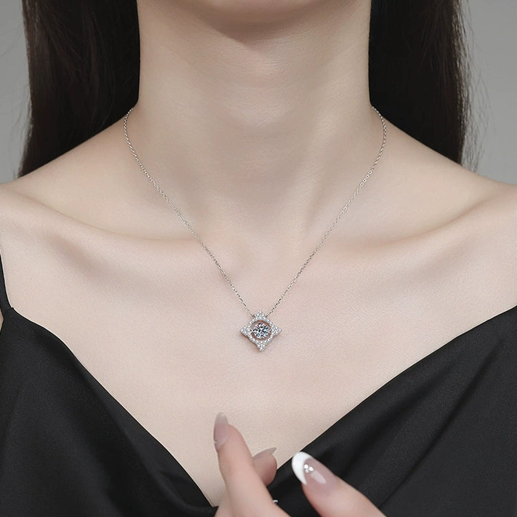Kite Halo Moissanite Pendant Necklace with Cubic Zirconia in Platinum-Plated S925 Sterling Silver worn on neckline by model
